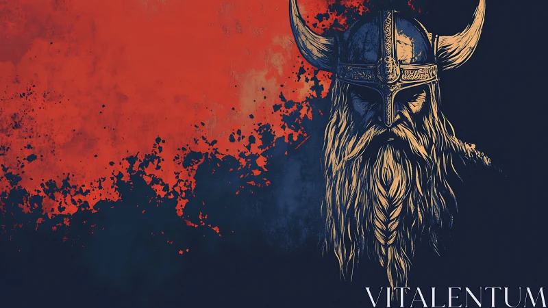 Bloodfire skies crown the brooding horned Viking warlord.