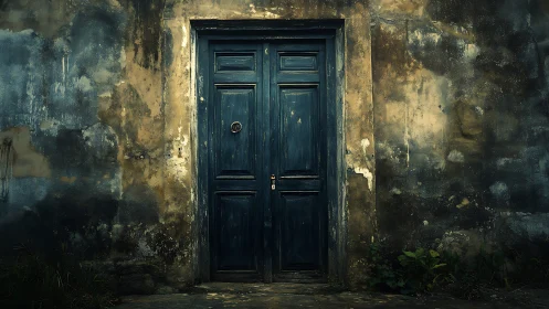 Weathered blue wooden door set in stained concrete wall