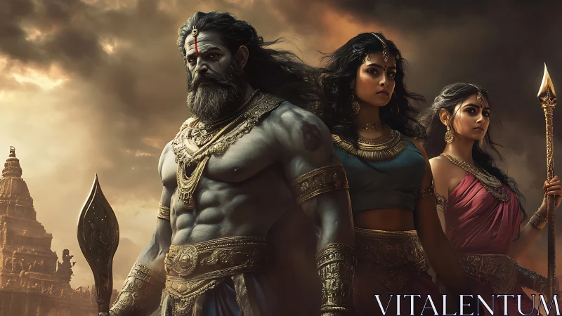 Mythic warrior trio stands before ancient temple at dusk.