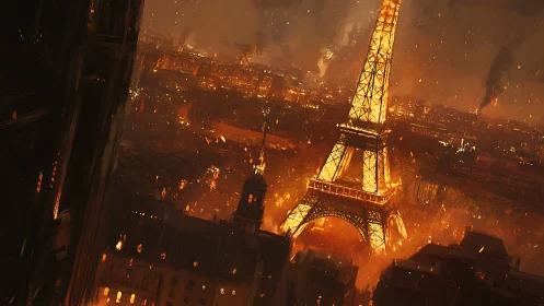 Eiffel Tower blazes above a dystopian, firelit Paris skyline