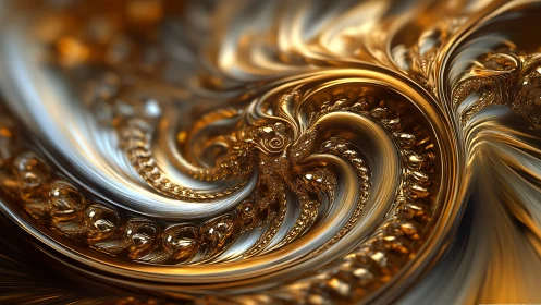 Liquid gold fractal spiral forms swirling metallic vortex