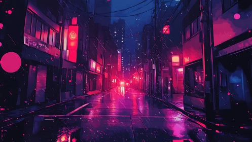 Neon soaked cyberpunk alley under midnight rainstorm.
