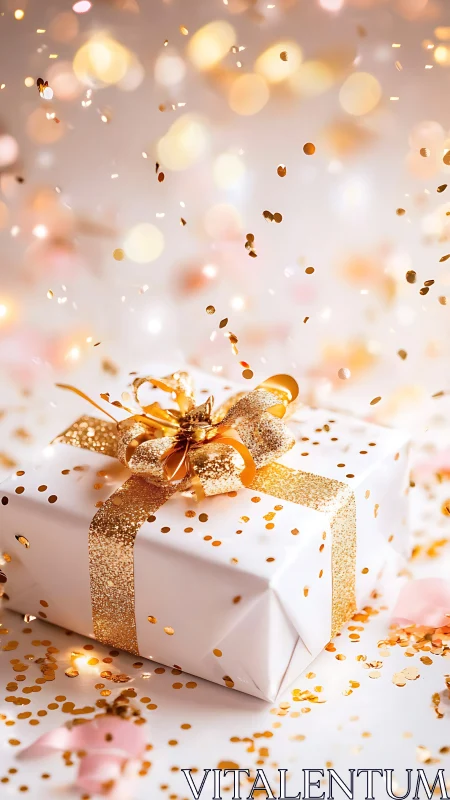 Golden gift box sparkles amid falling festive confetti.