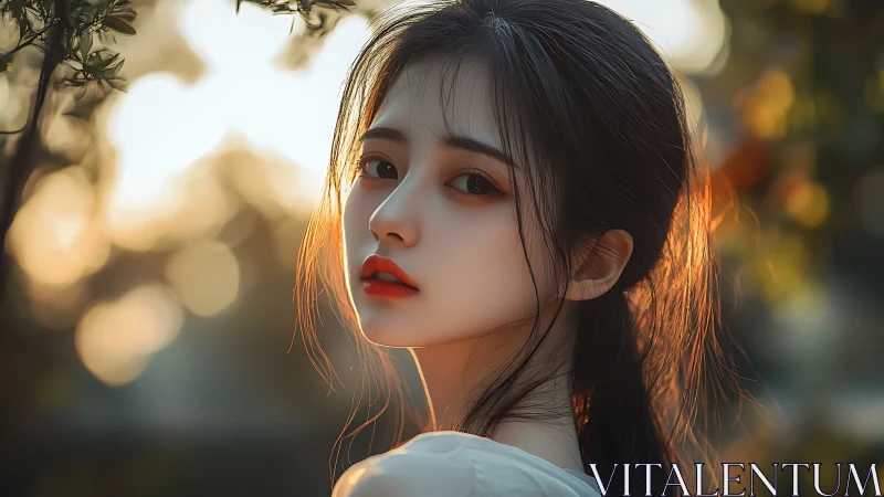 Digital portrait of young woman outdoors at sunset light.