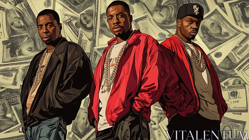 Streetwise swagger in bold jackets and a money-soaked backdrop.