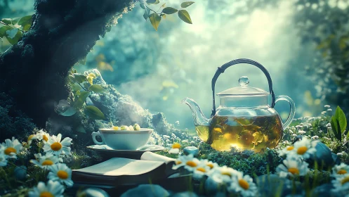 Glass teapot and teacup sit among daisies in sunlit forest