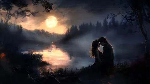 Silhouetted couple shares intimate moment under full moon above moonlit river landscape