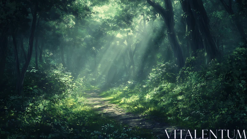 Forest Path with Atmospheric Light Rays Through Canopy