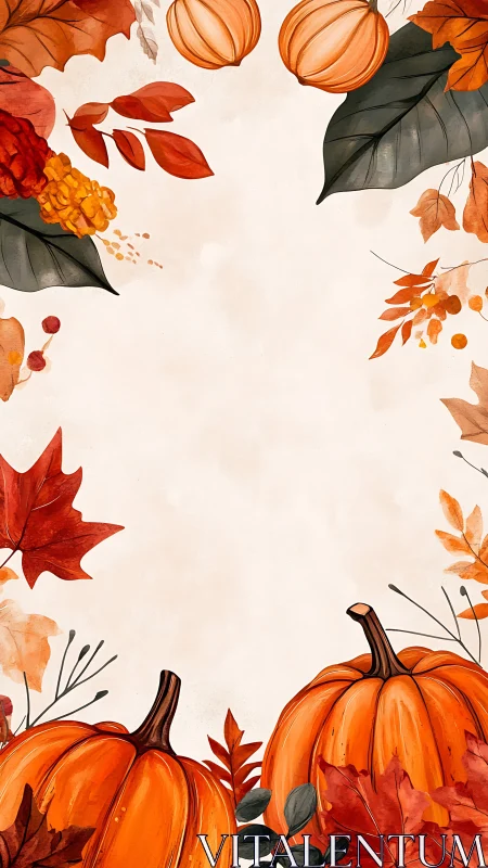 Warm autumn pumpkins framing seasonal foliage border.