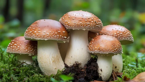 Cozy forest mushroom family nestled in soft green moss.