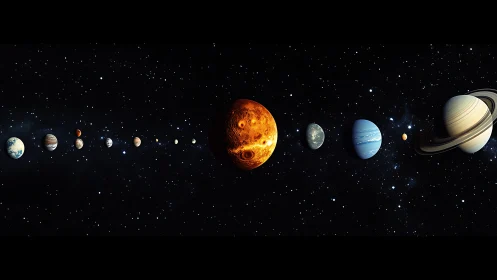 Solar system planets aligned across deep black starfield
