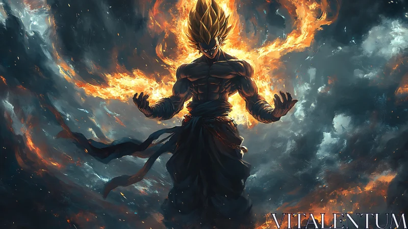 Dynamic anime warrior in flaming aura, high-contrast digital painting.
