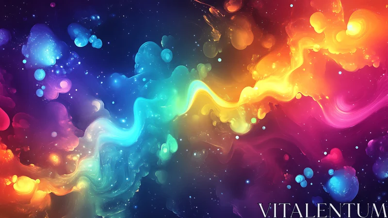 Radiant rainbow nebula swirling through a dreamy night sky.