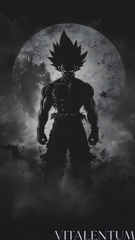 Shadowed anime warrior standing bold before the moon.