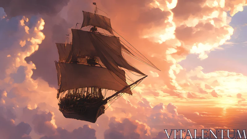 Skybound sailing ship drifts gently through glowing clouds