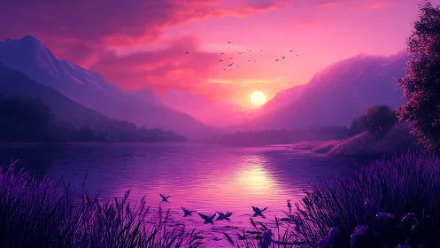 Vivid purple sunset over tranquil mountain lake scene.