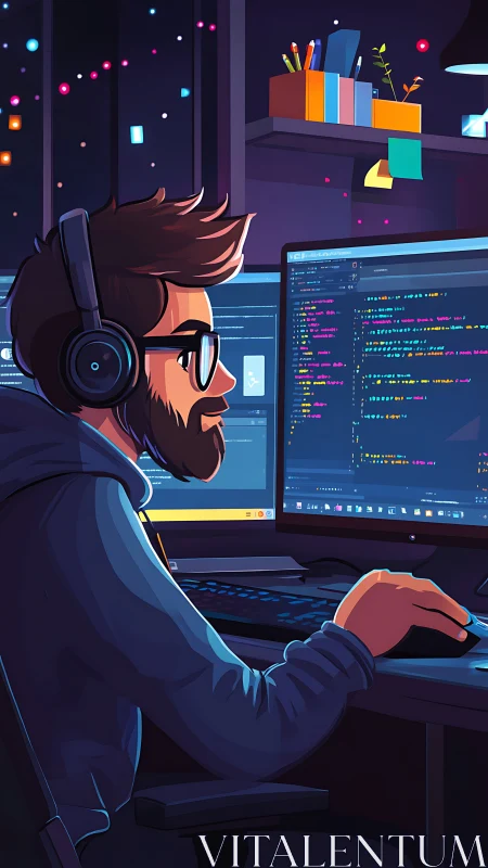 Male programmer at dual monitors in stylized workspace.