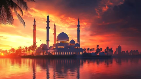 Mosque silhouette at sunset over calm reflective water.