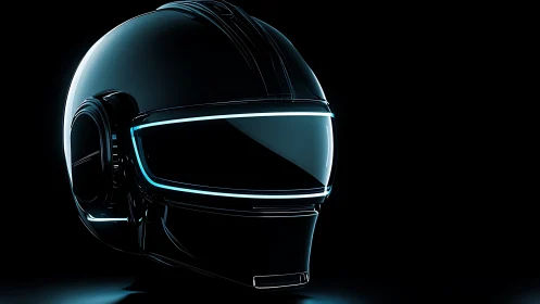 Glossy cyber helmet with neon visor on black background.