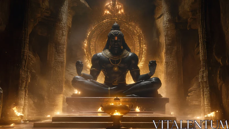 Divine stone deity statue in fiery cavern temple interior.