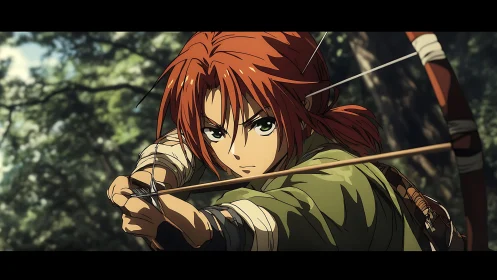 Anime archer drawing bow in tense forest standoff.