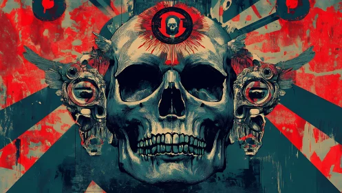 Distressed cyan-red skull triptych with mechanical wings and sigil
