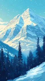 Snowcapped alpine peak above dense evergreen forest in winter.