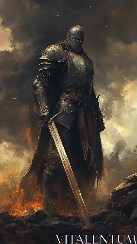 Ashen warborn knight stands amid stormlit battlefield fire.