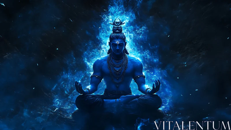 Cosmic blue ascetic in blazing meditative stillness.