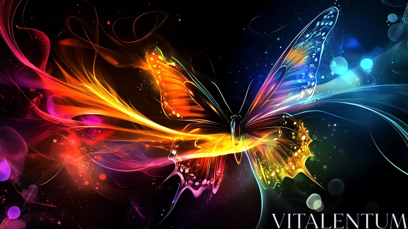 Prismatic cyber-butterfly carves light trails through cosmic night