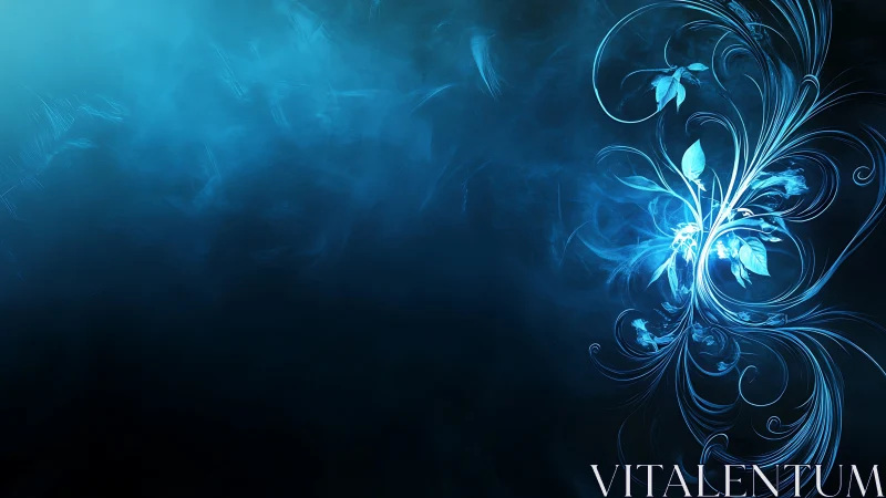 Luminescent cyan floral filigree unfolds on deep blue field