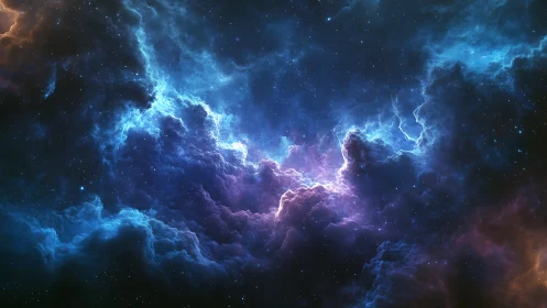 Digital painting of luminous cosmic nebula cloud structures.