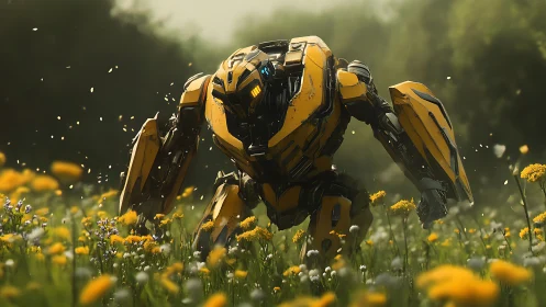 Curious yellow robot gently explores a sunny wildflower field