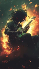 Guitarist rides a wildfire solo through swirling ember skies