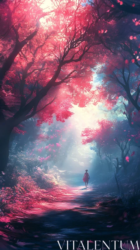 Solitary figure walking under vivid pink forest canopy.
