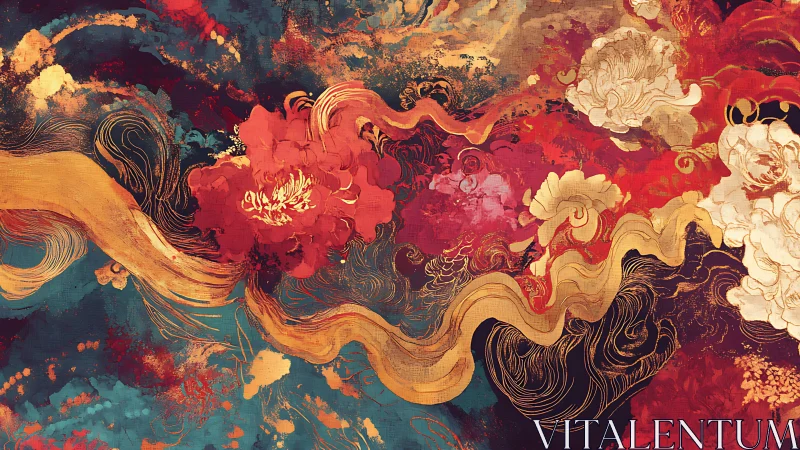 Floral currents flowing through crimson and teal depths.