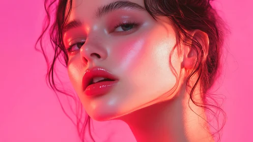 Neon-lit siren gaze bathed in glossy rose light glow.