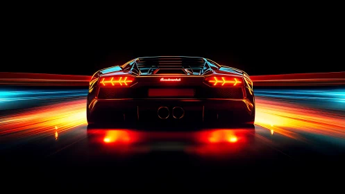 Neon-illuminated supercar accelerates through abstract light trails