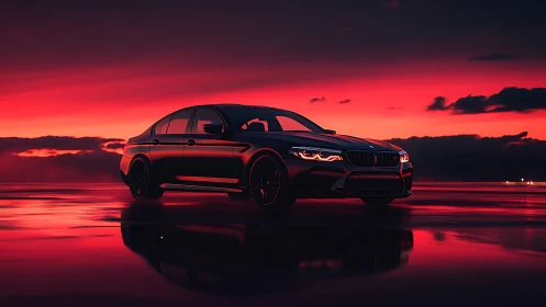 Sport sedan silhouette against reflective sunset horizon.