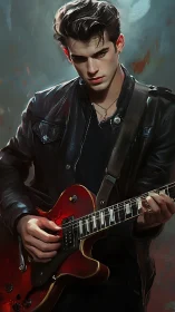Male guitarist in black leather jacket playing red electric guitar.