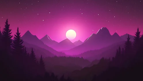 Violet mountain valley under stylized moonlit night sky.