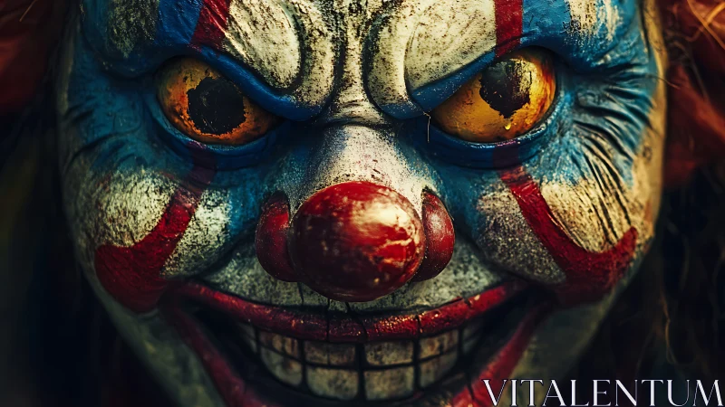 Sinister clown mask in extreme close-up horror portrait.