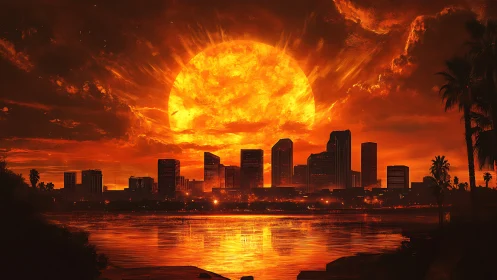 Burning sunset engulfs futuristic city skyline in amber light