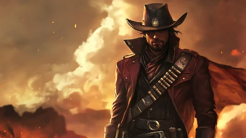 Gunfire dusk drifter in ember-lit outlaw grandeur.