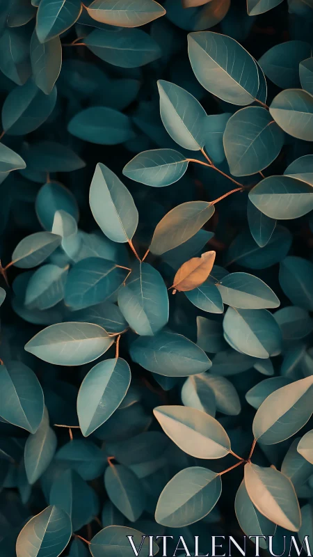 Gentle teal leaves with one warm golden accent in focus.