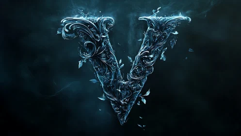 Icy ornamental letter V glowing in deep teal mist.