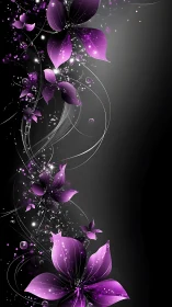 Purple floral abstraction emerges from luminous particle streams against dark background.