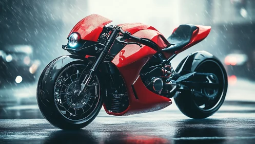 Sleek red futuristic motorcycle glows softly on a rainy street