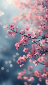 Pink cherry blossoms on branches against soft blue bokeh background.