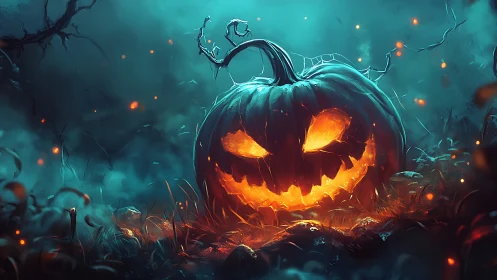 Cinematic digital painting of glowing jack o’lantern centerpiece.